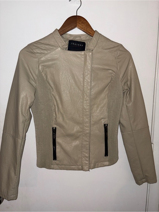therapy Jackets & Blazers - therapy Women's Beige Faux Leather Moto Jacket with Rib Side Panels